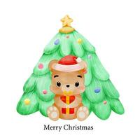 allegro Natale con acquerello carino orsacchiotto orso Tenere regalo scatola e Natale albero vettore