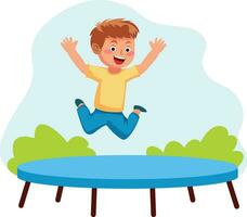 contento ragazzo saltare e rimbalzo su trampolino all'aperto piatto stile vettore illustrazione, ragazzo salto su salto rimbalzo bicchiere azione vettore Immagine