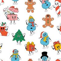 senza soluzione di continuità modello con carino cartoni animati Natale mascotte. contento e allegro emozioni. vecchio animazione 60s anni '70, divertente cartone animato personaggi. vettore