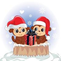 scimmia felice delle coppie con il contenitore di regalo rosso. scimmia carina per il giorno di natale. vettore