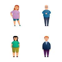 sovrappeso persona icone impostato cartone animato vettore. uomo e donna sovrappeso vettore