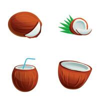 Noce di cocco icone impostato cartone animato vettore. Noce di cocco e palma foglia vettore