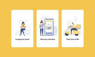 ordina le schermate dell'app mobile per l'onboarding del cibo online. vettore
