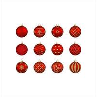 set di palline di natale rosse isolate con decorazioni in oro vettore