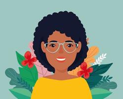 donna afro con occhiali da vista e foglie tropicali vettore