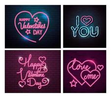 set di scritte di luce al neon per san valentino vettore