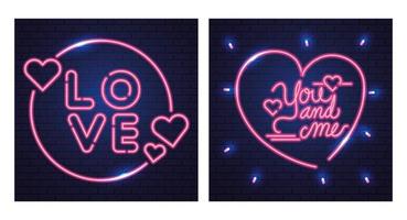 set di scritte di luce al neon per san valentino vettore