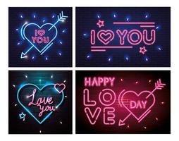 set di scritte di luce al neon per san valentino vettore