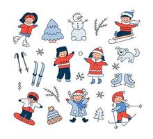 bambini che giocano sulla neve, slittino, sci, pattinaggio, snowboard vettore