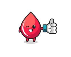 simpatica goccia di sangue con il simbolo del pollice in alto sui social media vettore