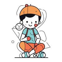vettore illustrazione di un' ragazzo nel un' berretto e pantaloncini seduta su il pavimento.
