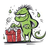 cartone animato verde iguana con un' regalo scatola. vettore illustrazione.