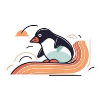 carino cartone animato pinguino su il spiaggia. vettore illustrazione nel piatto stile.