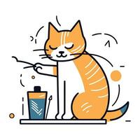 carino gatto con bottiglia di shampoo. lineare piatto vettore illustrazione.