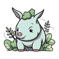 carino cartone animato rinoceronte con verde le foglie. vettore illustrazione.
