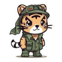 tigre nel verde militare uniforme e cappello. cartone animato vettore illustrazione.