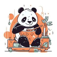 vettore illustrazione di un' panda seduta su il tavolo e mangiare Sushi.