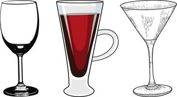 bianca e rosso vino occhiali, impostato di vino bicchieri mano disegnato vettore illustrazione, tipi di vino bicchieri impostare, schizzo bicchiere di rosso vino