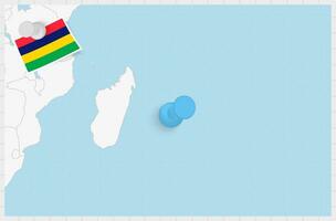 carta geografica di mauritius con un' appuntato blu spillo. appuntato bandiera di maurizio. vettore