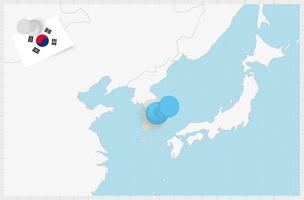 carta geografica di Sud Corea con un' appuntato blu spillo. appuntato bandiera di Sud Corea. vettore