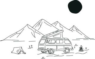 furgone in viaggio nel il avventura grafico illustrazione e campeggio tenda vettore
