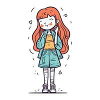 carino poco ragazza con lungo rosso capelli nel casuale Abiti. vettore illustrazione.