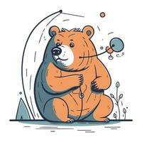 vettore illustrazione di un' carino cartone animato orso seduta su il terra con un' pesca asta.