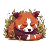 rosso panda addormentato nel il erba. carino cartone animato vettore illustrazione.