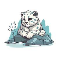 carino cartone animato neve leopardo seduta su roccia. vettore illustrazione.