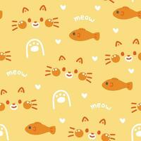 senza soluzione di continuità modello di carino gatto con pesce cartone animato sfondo.miao amante.zampa.pet animale personaggio.immagine per carta, poster, bambino vestiti, animali domestici shop.kawaii.vettore.illustrazione. vettore