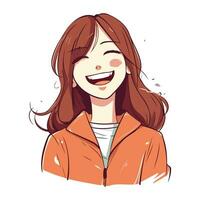 vettore illustrazione di un' contento sorridente giovane donna nel arancia felpa.