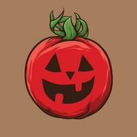 Halloween pomodori impostato con pauroso facce e verde le foglie vettore