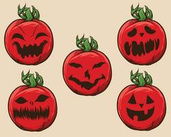 Halloween pomodori impostato con pauroso facce e verde le foglie vettore