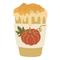 autunno zucca Spezia latte macchiato con frustato crema nel carta tazza con coperchio. piatto vettore illustrazione isolato su bianca. caldo caffè per andare. autunno stagione riscaldamento dolce bere. cartone animato porta via cappuccino