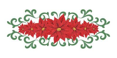 floreale orizzontale Natale o nuovo anno arredamento di poisettia con vortici. decorativo confine di rosso fiori. per saluto carta disegno, invito, vacanza sfondo. vettore illustrazione.