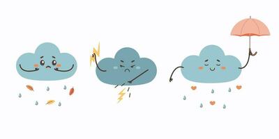 tempo metereologico cartone animato personaggio piovoso nube, fulmine, vettore
