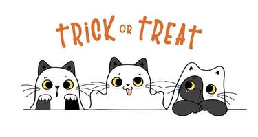 simpatico gatto divertente fantasma giocoso dolcetto o scherzetto costume di halloween cartone animato vettore