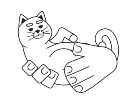 arricciato su gatto Tenere cartone animato mani schema illustrazione. riparo adottato animale domestico. gattino carino 2d isolato nero e bianca vettore Immagine. animale sottosopra giù nel mani piatto monocromatico disegno clip arte