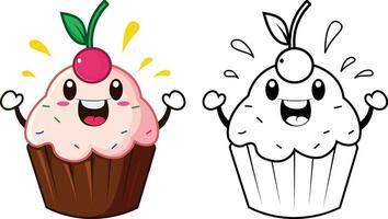 contento Cupcake con un' ciliegia su superiore di esso cartone animato vettore illustrazione, tazza torta portafortuna personaggio vettore Immagine