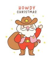 carino cowboy Santa Claus Natale con sacco cartone animato mano disegno vettore