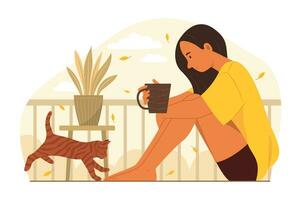 donna e gatto rilassante a terrazza vettore