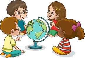 vettore illustrazione di bambini guardare a un' globo nel un' scuola aula.