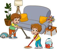 illustrazione di bambini pulizia il divano con un' Mocio vettore