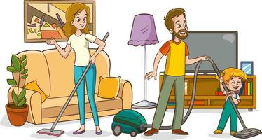 illustrazione di un' famiglia passare l'aspirapolvere il vivente camera a casa vettore