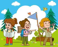 vettore illustrazione di bambini campeggio e il trekking