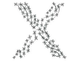 botanico nero e bianca scarabocchio illustrazione. capitale lettera X di il latino alfabeto, decorato con rami e le foglie. vettore