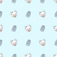 simpatico personaggio mucca e latte può seamless pattern vettore