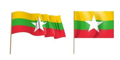 bandiera sventolante naturalistica colorata della repubblica dell'unione del myanmar. vettore