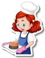 adesivo personaggio dei cartoni animati con ragazza chef che tiene vassoio al forno vettore