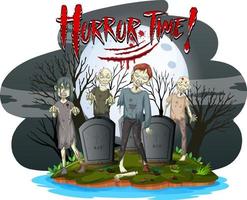 logo di testo dell'ora dell'orrore con zombi raccapriccianti al cimitero vettore